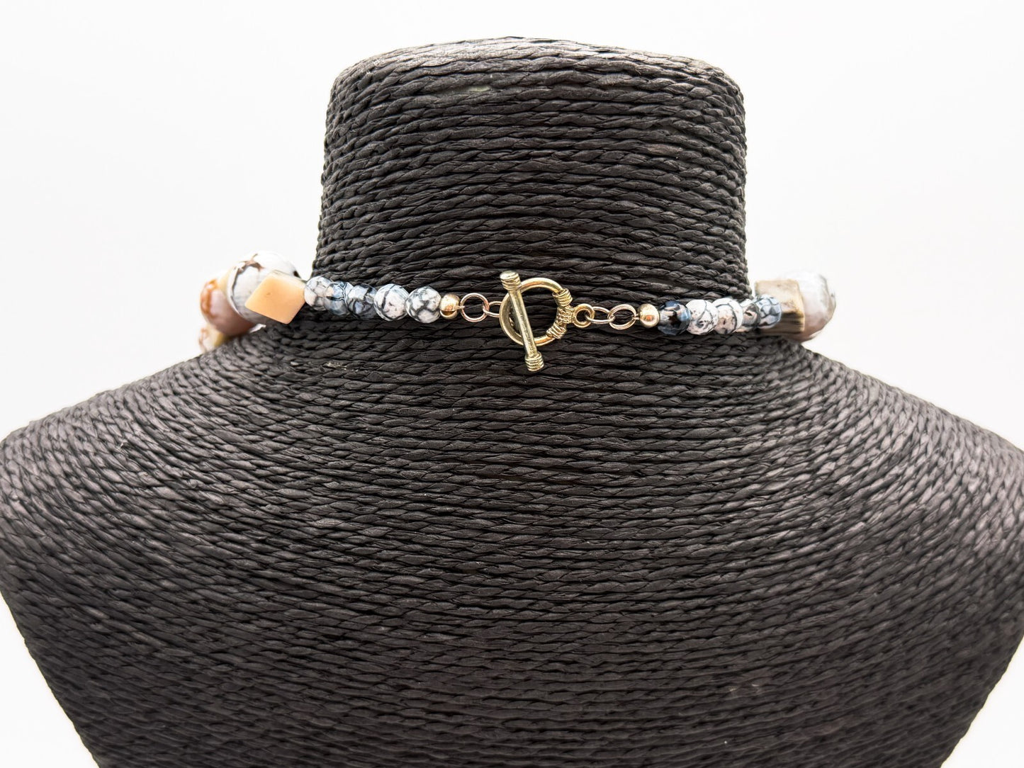 Chunky Gemstone Necklace Agate Jasper Quartz Dzi 9-eye Beads Toggle 22”