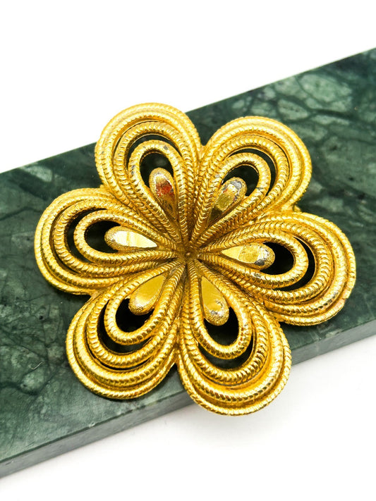 Vintage Gold Tone Flower Brooch Large Openwork Floral Pin Statement