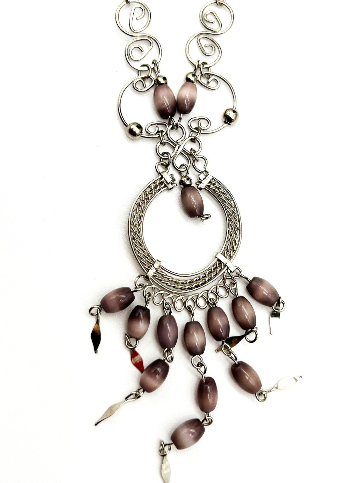 Peruvian Alpaca Necklace Earrings Set Mauve Glass Fringe Boho Chandelier Dainty