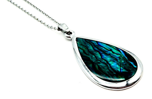 Abalone Shell Teardrop Pendant Necklace Silver Tone 18 Inch Dainty Blue Green