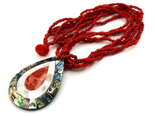 Twisted Red Seed Bead Necklace with Abalone, Mother of Pearl & Coral Teardrop Pe