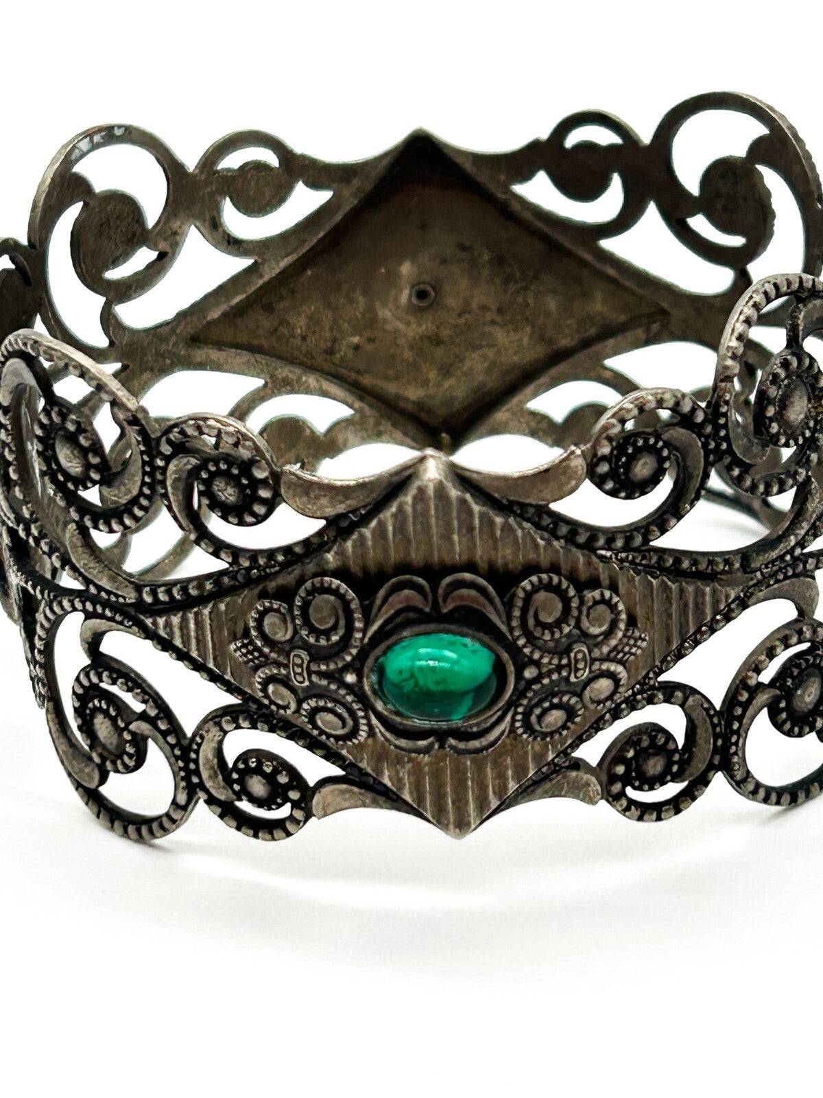 Vintage Art Deco Revival Ornate Silver Tone Hinged Bangle Green Cabochon Filigre