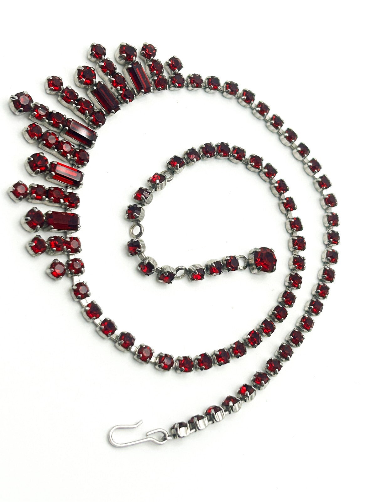Vintage Red Rhinestone Fringe Statement Necklace Baguette Drop 14.5”