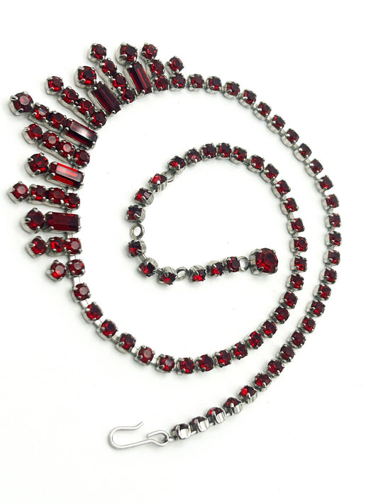 Vintage Red Rhinestone Fringe Statement Necklace Baguette Drop 14.5”