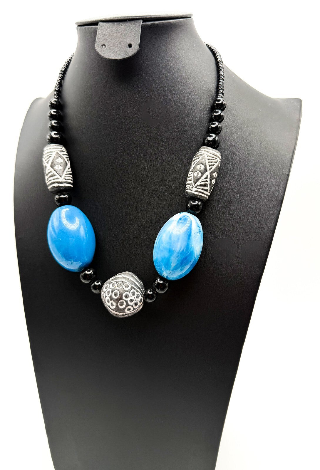 Chunky Vintage Carved Clay and Blue Marble-effect Swirl Beaded Necklace - 20"
