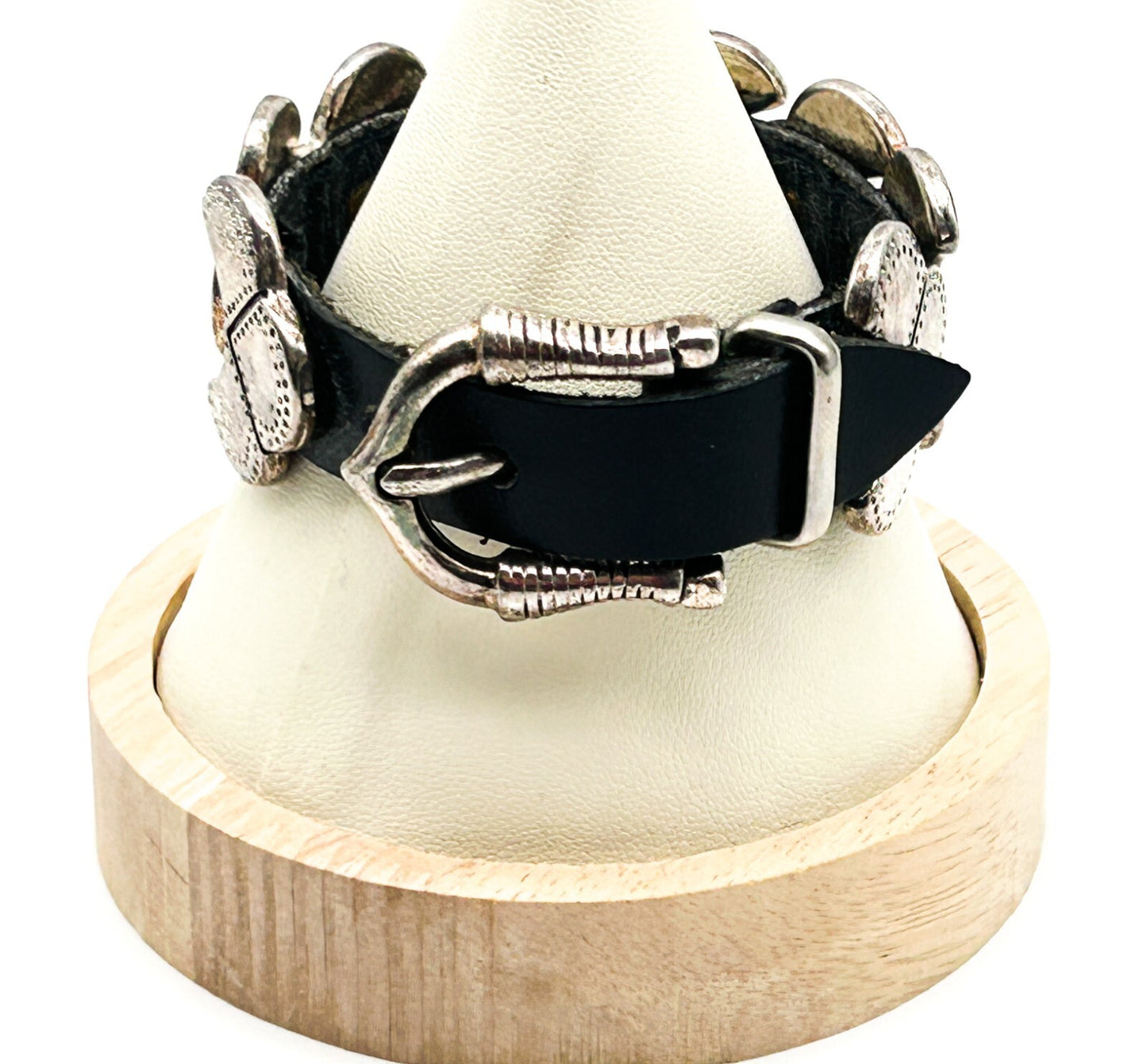 Industrial Silver Tone Cuff Bracelet Black Faux Leather Studded Strap Buckle