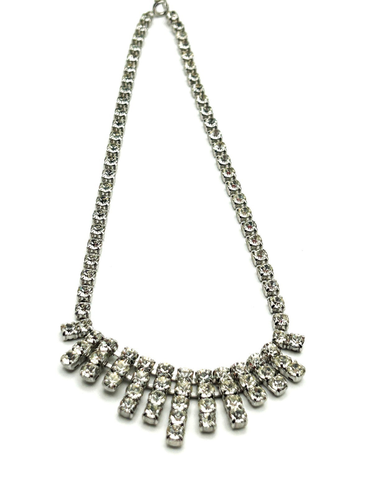 Vintage Rhinestone Fringe Necklace Silver Tone Waterfall Drop Bridal Sparkle