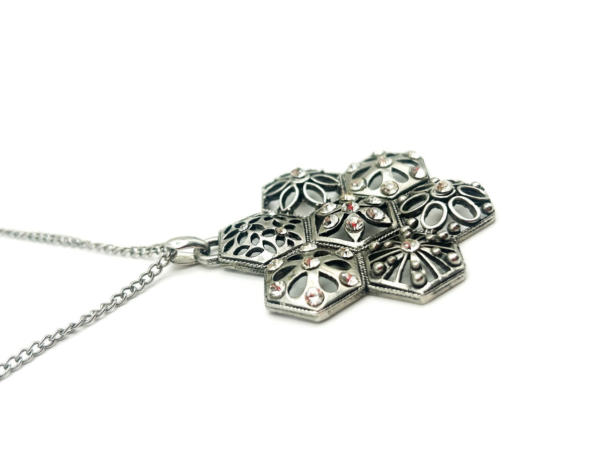 Vintage Silver Tone Hexagonal Floral Filigree Pendant Necklace
