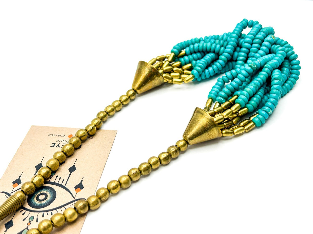 Vintage Turquoise Wood Multi-Strand Beaded Necklace with Gold Tone Caps