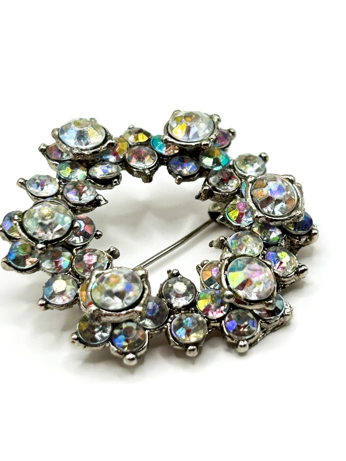 Vintage Aurora Borealis Rhinestone Wreath Brooch AB Crystal Silver Tone 1960s