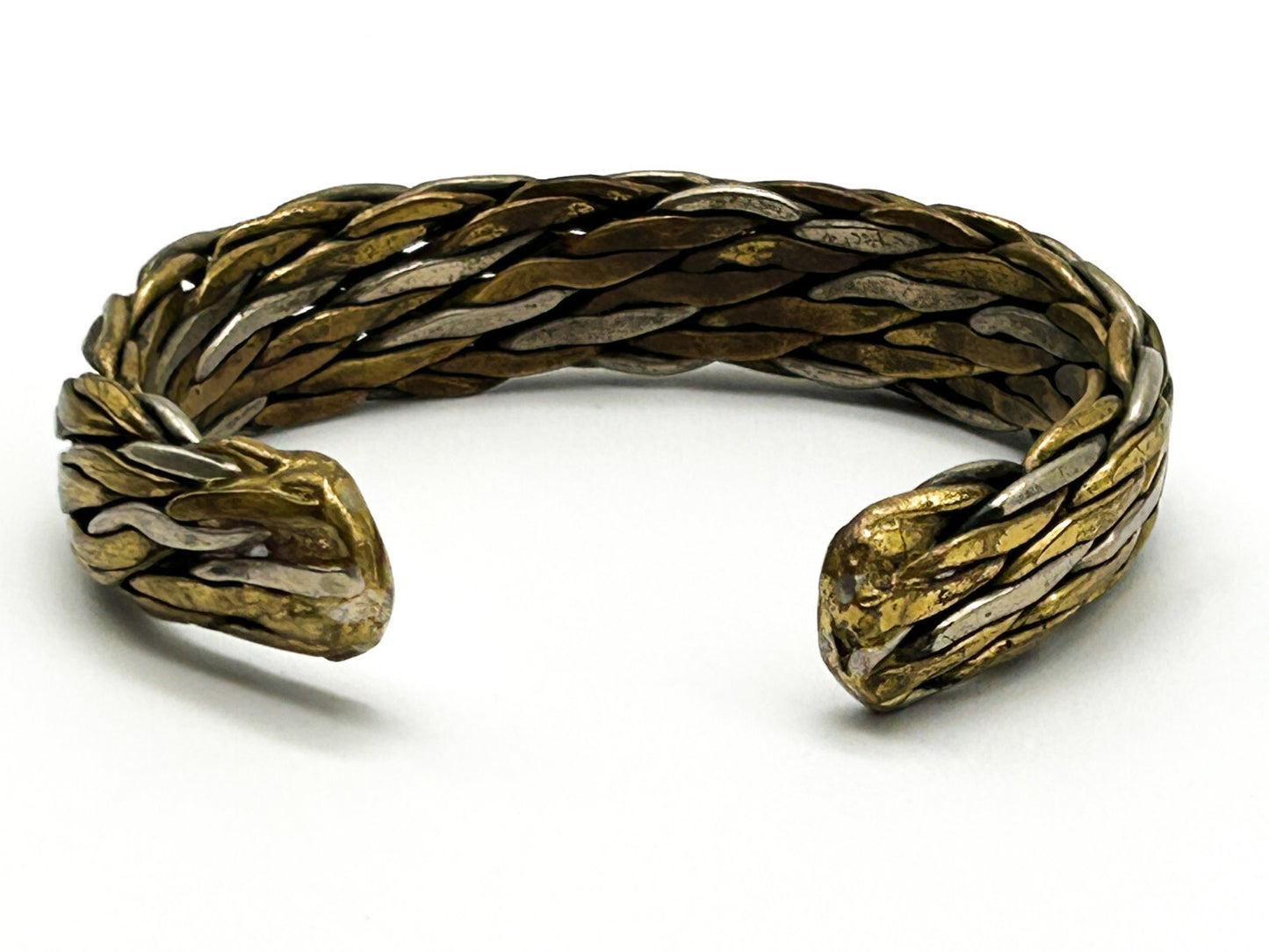 Vintage Braided Mixed Metal Chunky Cuff Bracelet Brass Silver Tone 60s-70s Retro