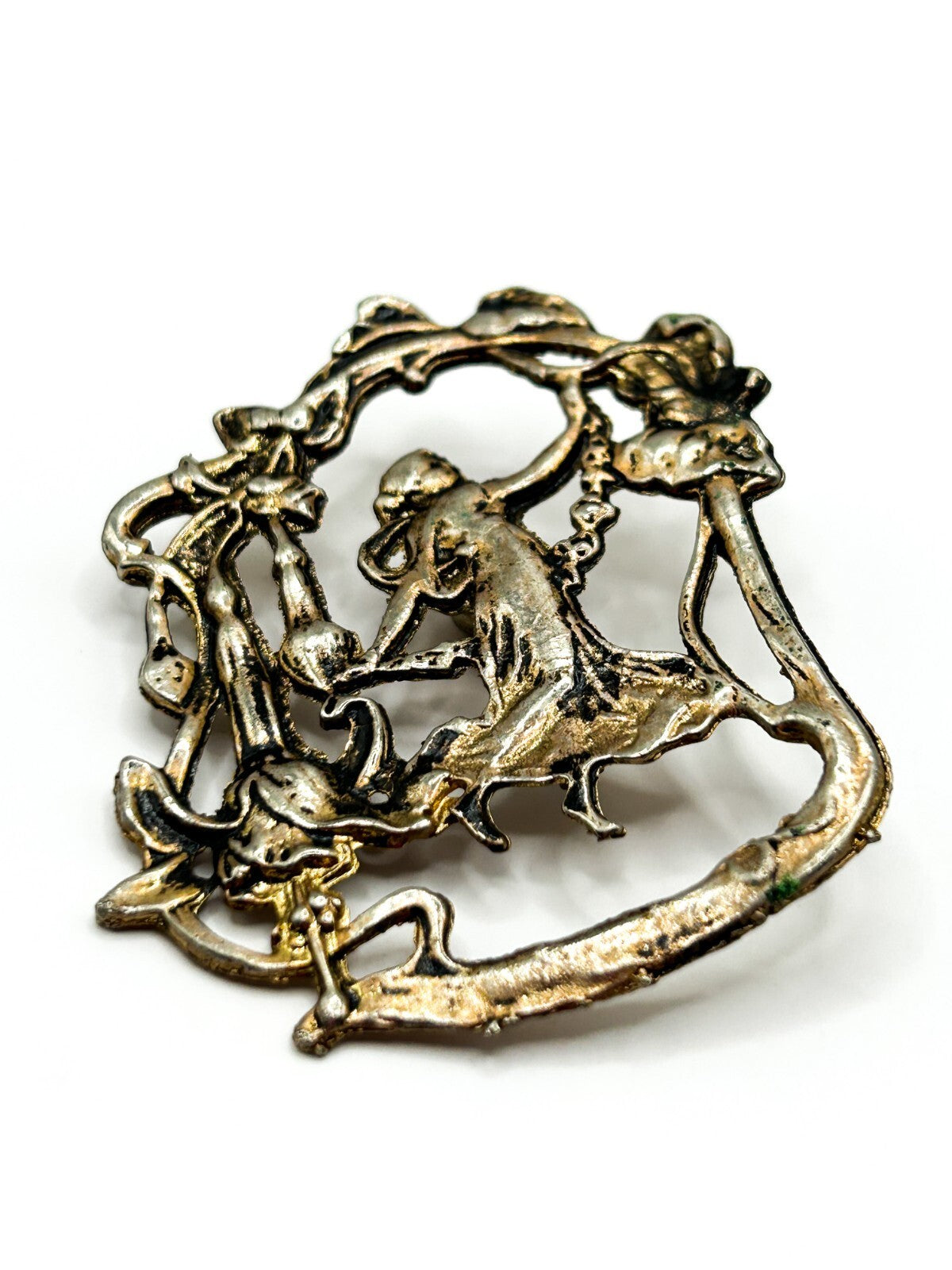 Vintage Art Nouveau Revival Lady Brooch Figural Woman Floral Openwork Gold Tone
