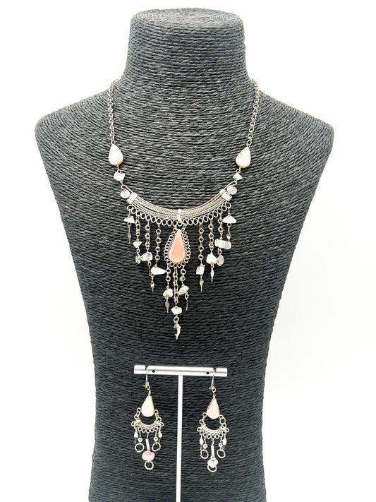 Peruvian Alpaca Pale Pink Rhodonite Rose Quartz Necklace & Earring Set Boho