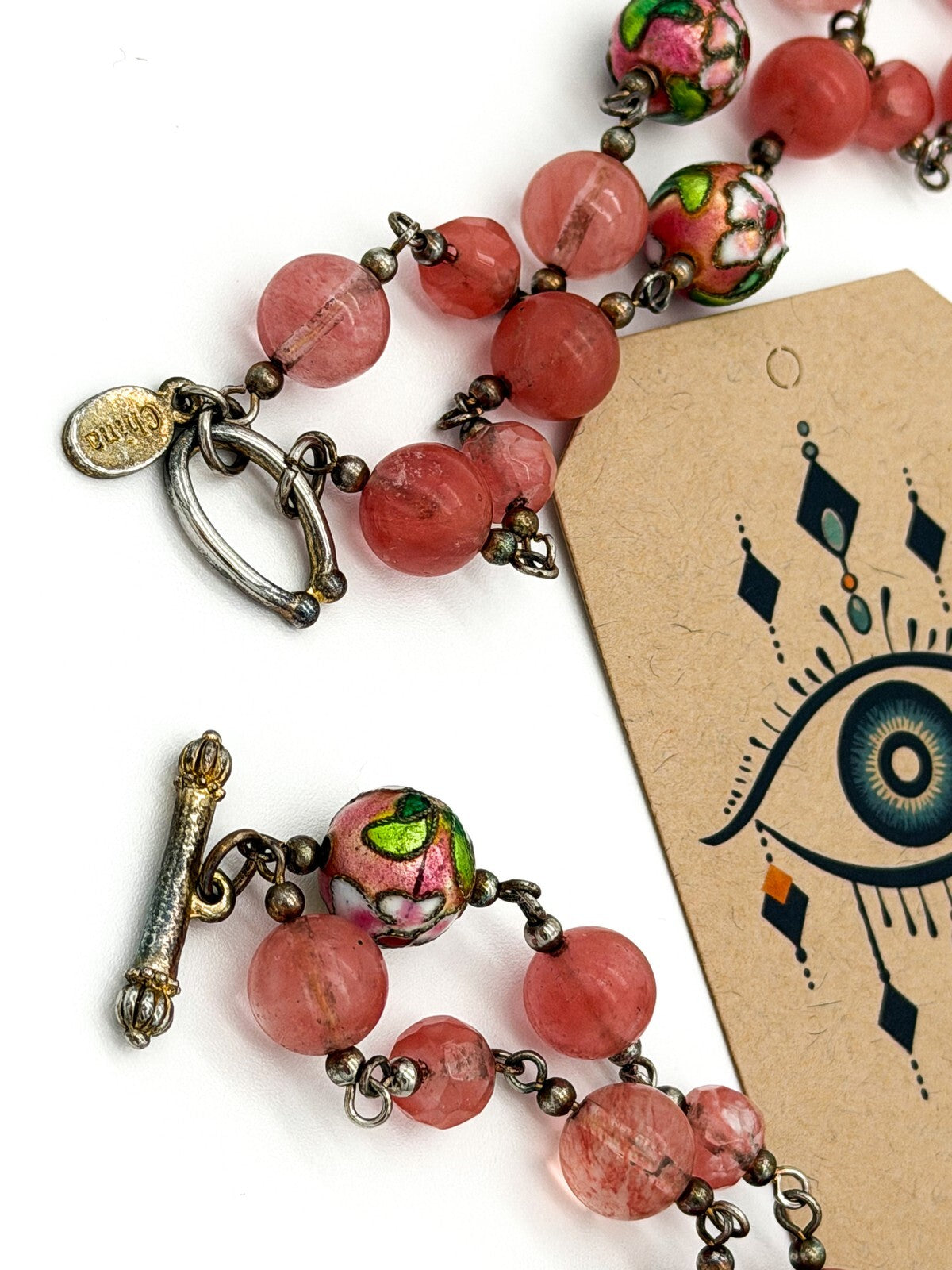 Vintage Pink Glass Bead Necklace Double Strand Cloisonné Accent Beads Summer