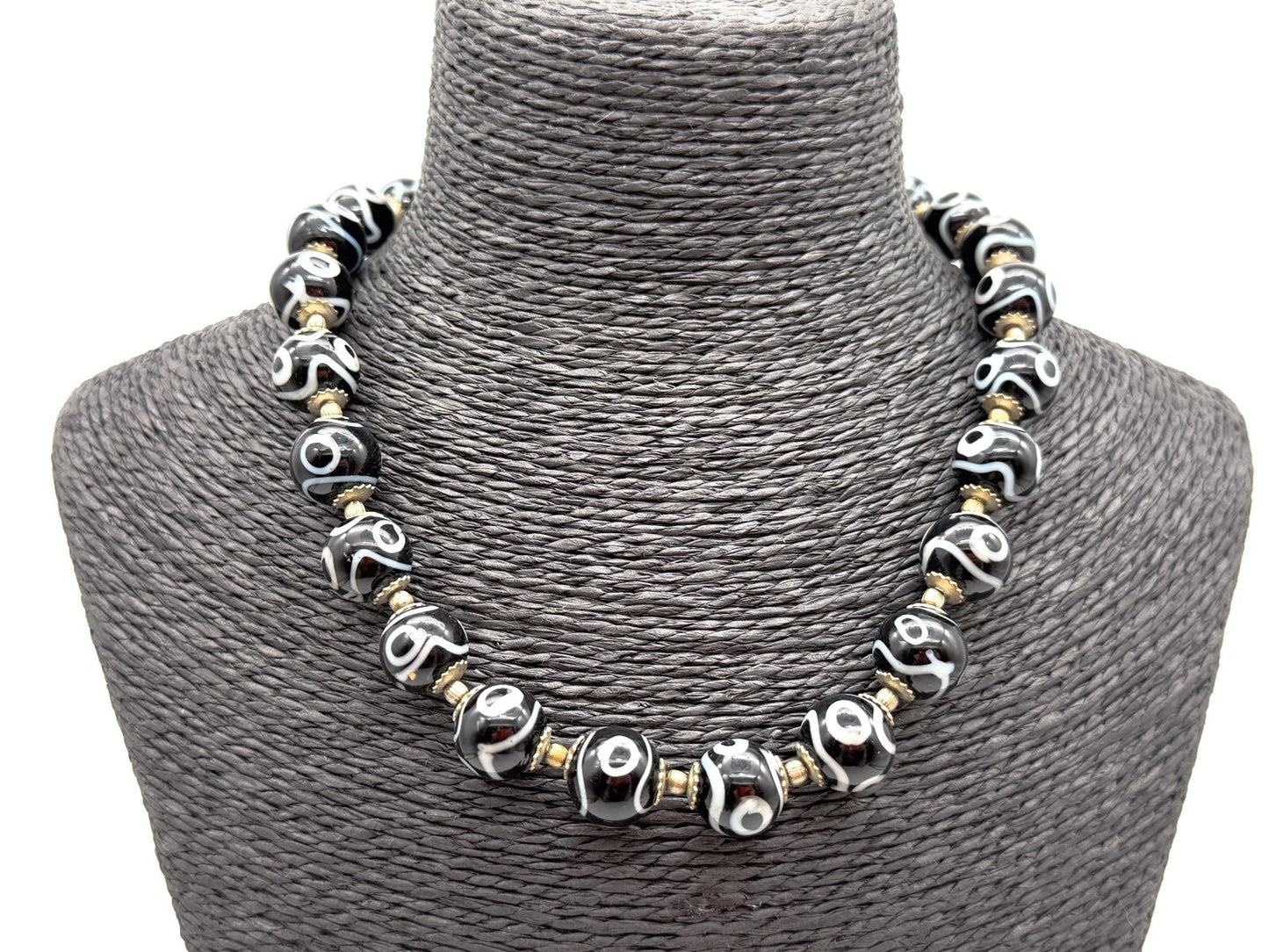 Vintage Black White Dzi Style Necklace Tibetan Bead Statement Glass 17”