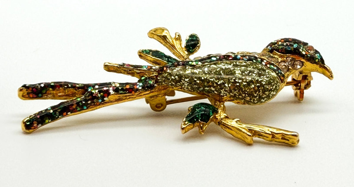 Vintage Gold Tone Bird Brooch Green Glitter Resin Rhinestone Branch Pin
