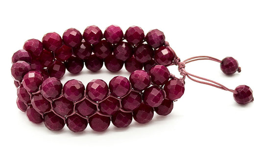 Faceted Jade Bracelet Mauve Beaded Macrame Adjustable Cuff Multi Row Woven
