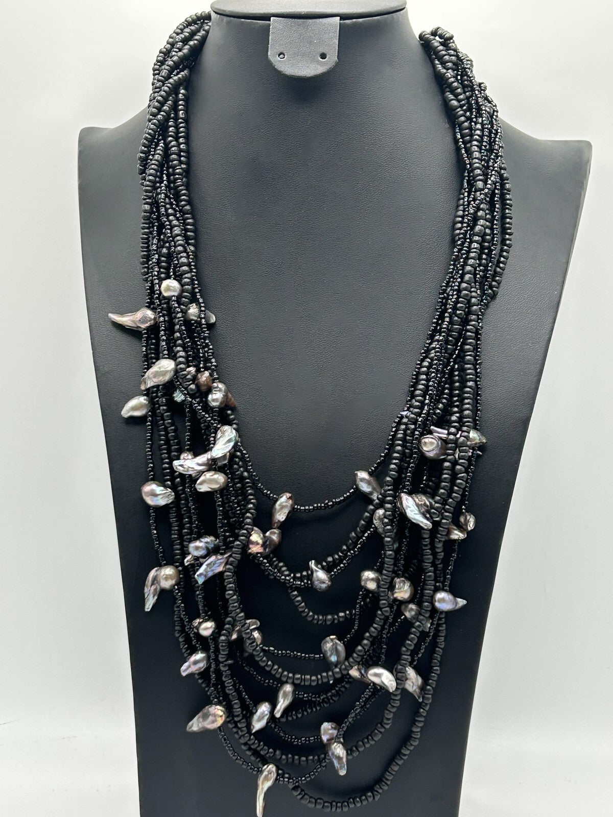 12-Strand Black Glass and Wood Seed Bead Freshwater Baroque Pearl Necklace