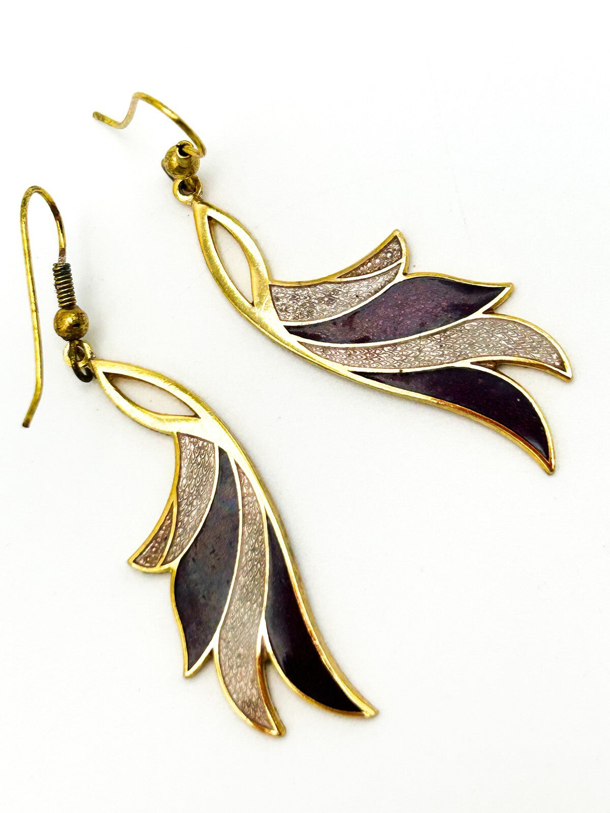 Vintage Cleopatra Cloisonné Purple Enamel Dangle Earrings Gold Tone