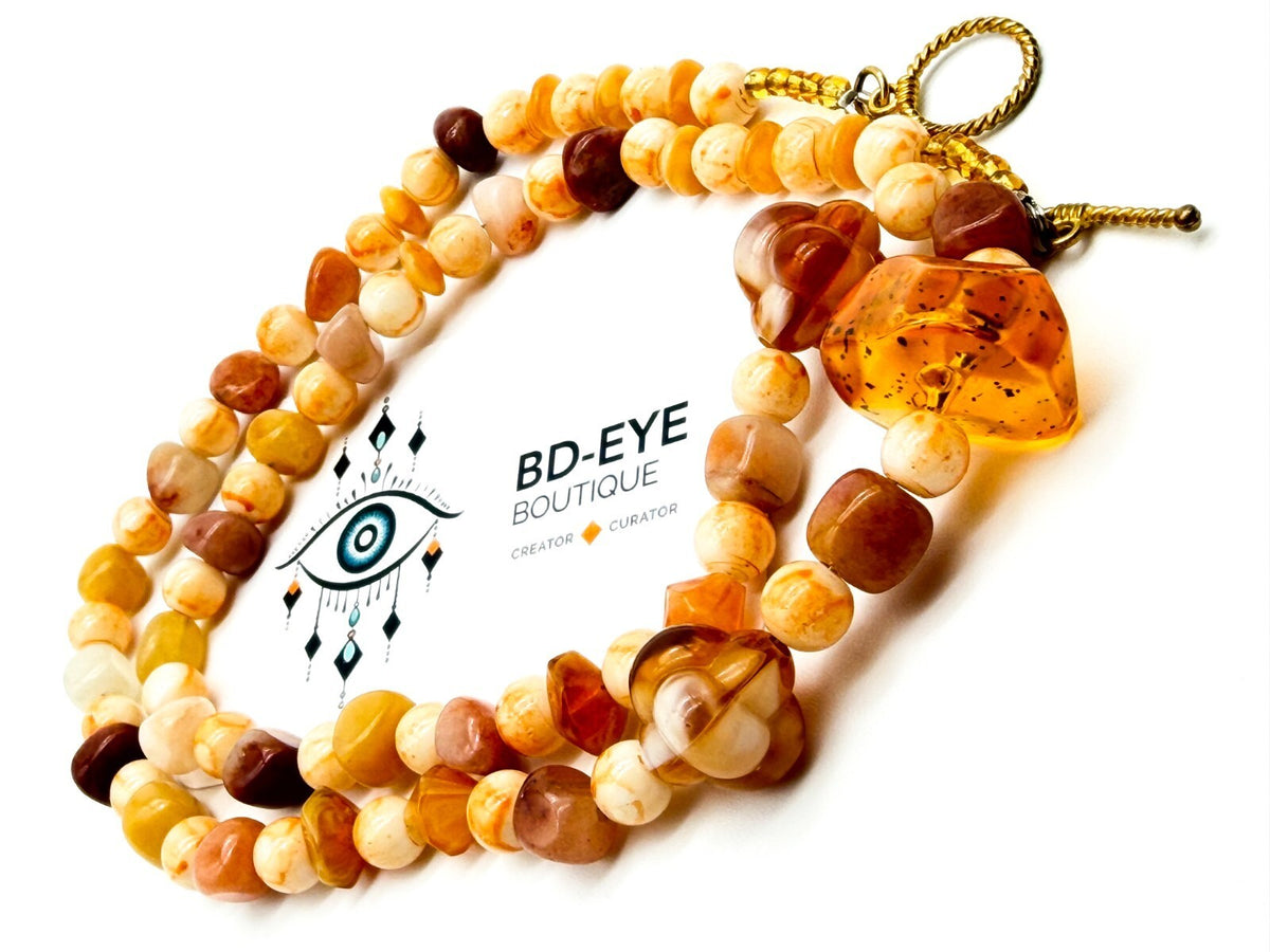 Agate & Faux & Amber Acrylic Beaded Necklace Gold Tone Toggle 25.5”
