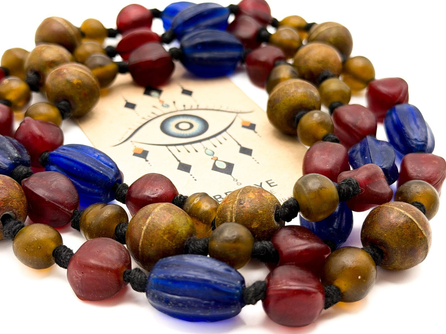 Vintage Blue, Red & Amber Frosted Glass African Trade Bead Necklace, Boho