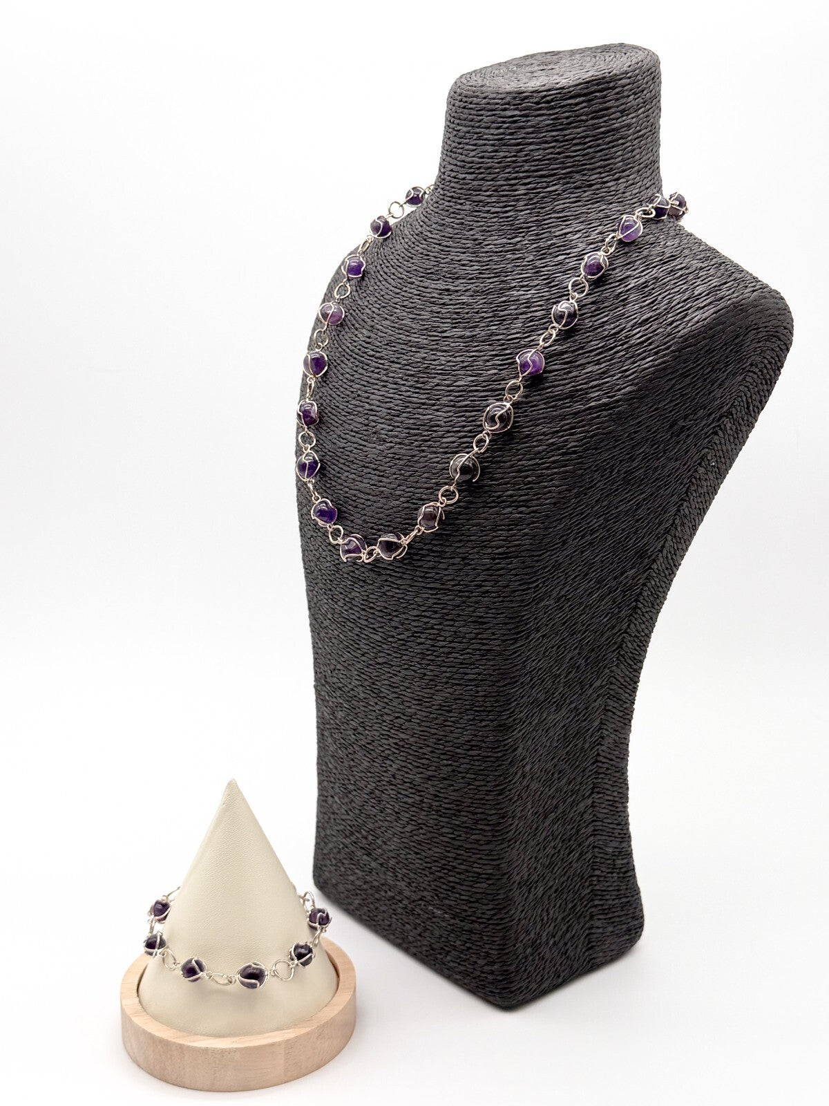 Amethyst Necklace & Bracelet Set Wire Wrapped Purple Gemstone Chain 20.5”
