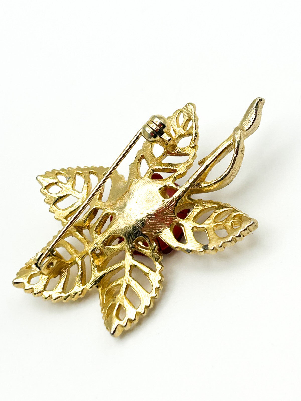 Gold Tone Red Enamel Rose Brooch with Openwork Leaf Design
