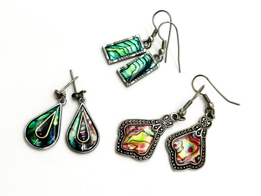 3Pairs Abalone Shell Earrings Iridescent Silver Tone Mixed Styles Teardrop Boho