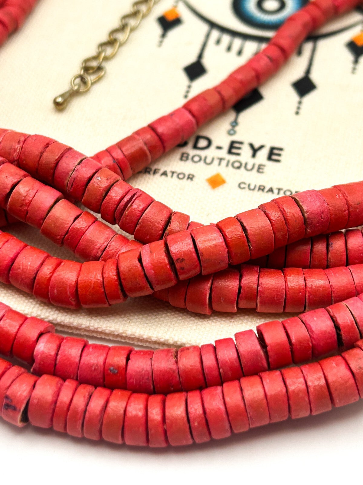 Red Dyed Organic Multi Strand Heishi Disc Beaded Necklace with Gold Tone Clasp
