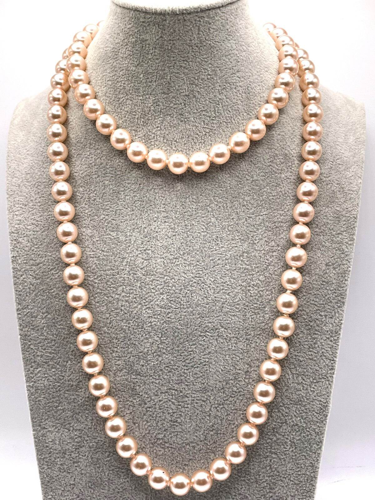 Champagne-Pink Glass Faux Pearl Strand Necklace - Beaded Pale