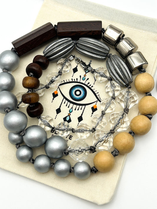 Mixed Material Statement Necklace Wood Silver Black Beads Chunky Modern 18”