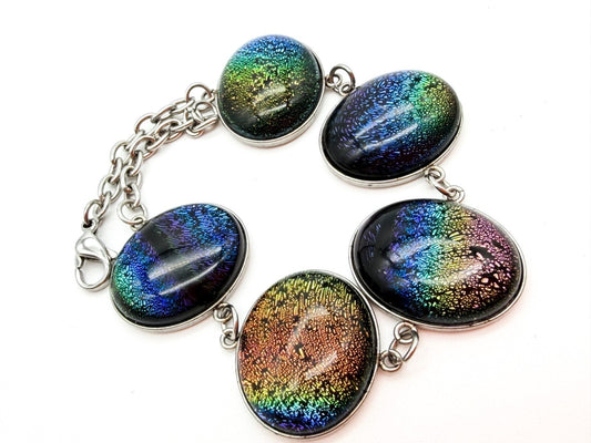 Dichroic Art Glass Panel Bracelet Silver Tone Colour-shifting Iridescent Rainbow