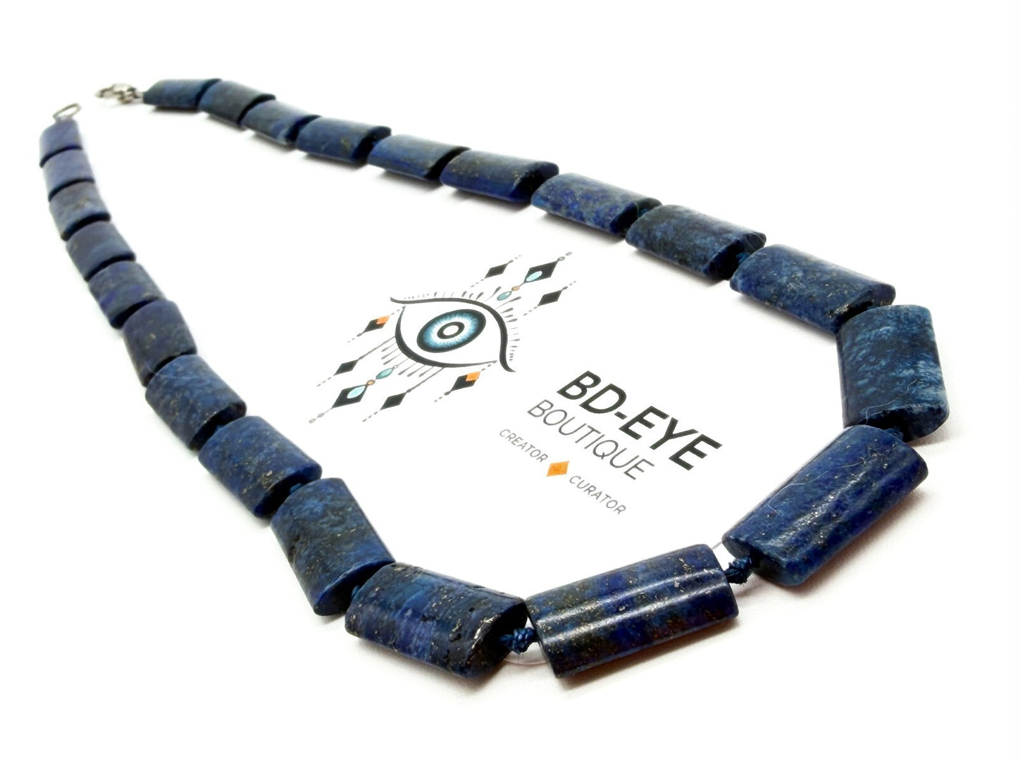Lapis Lazuli Rectangular Bead Necklace Hand Knotted Blue Stone 19” Gemstone