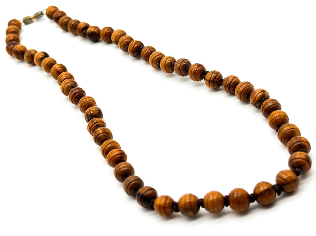 Vintage Faux Wood Acrylic Beaded Necklace Hand Knotted Boho Retro Jewellery