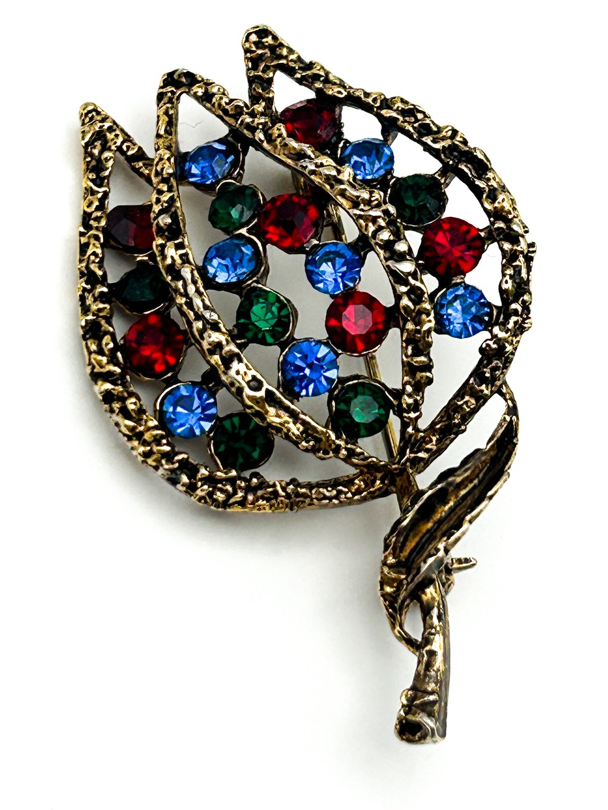 Gold Tone Openwork Tulip Brooch with Multicolour Rhinestones
