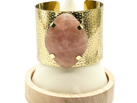 Pink Jade Gold Tone Textured Cuff Bracelet Faceted Stone Boho Statement Retro