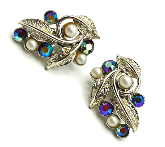 Vintage Jewelcraft AB and faux pearl leaf design earrings