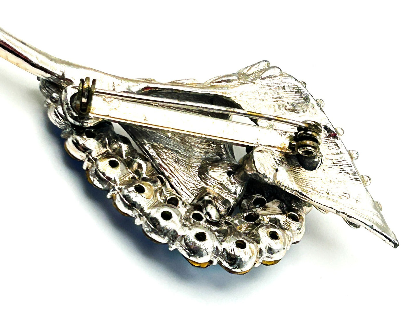 Vintage Style Blue Rhinestone Floral Spray Brooch Silver Tone Flower Statement