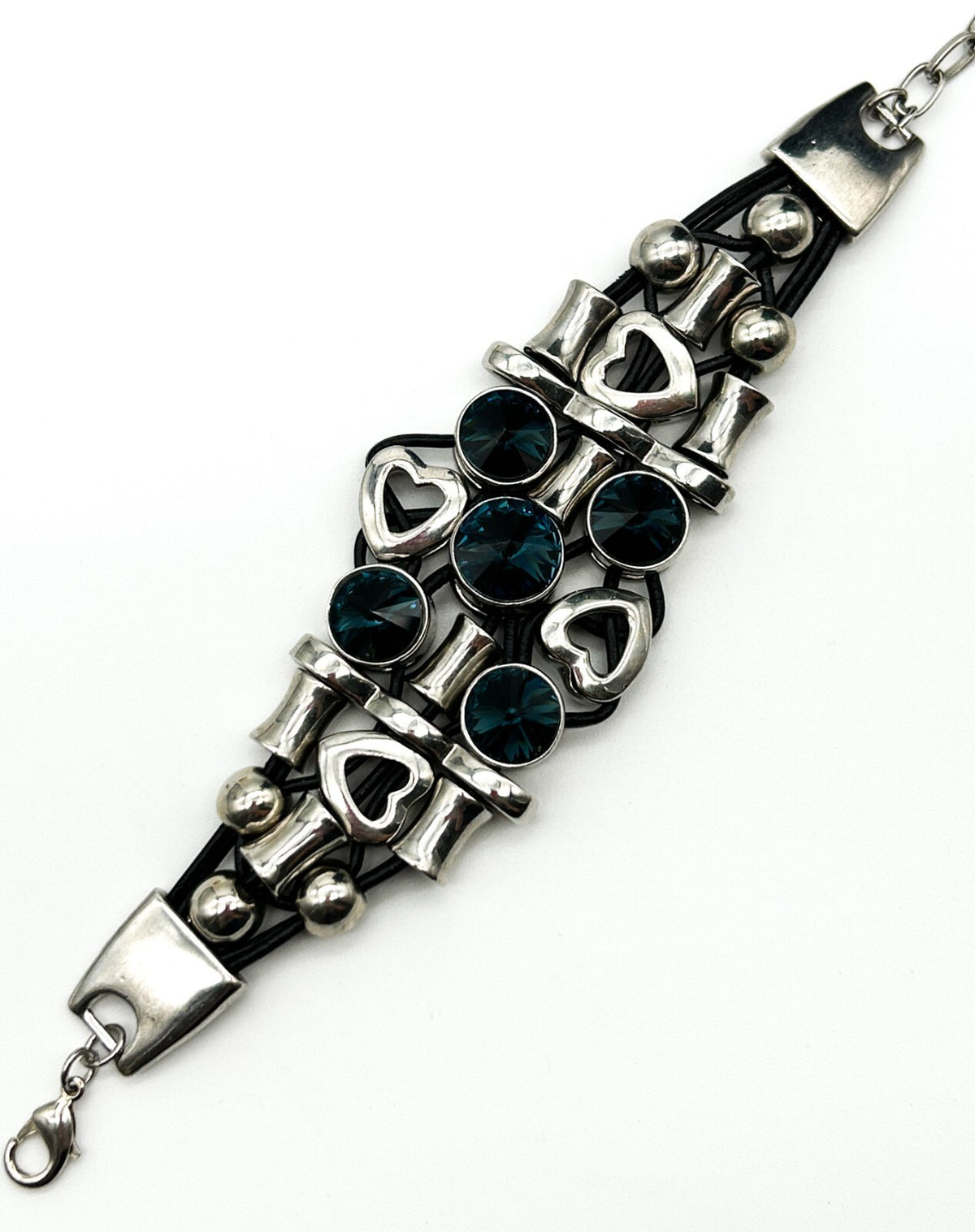 Miss Chic Silver Tone Industrial Y2K Chunky Heart Bracelet Deep Blue Rhinestones