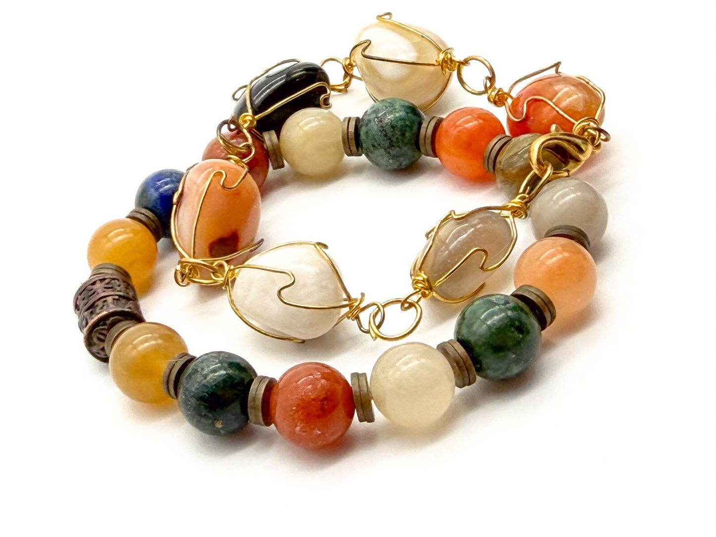 Carnelian Agate Citrine Gemstone Bracelet Duo – Wire Wrapped & Stretch Set