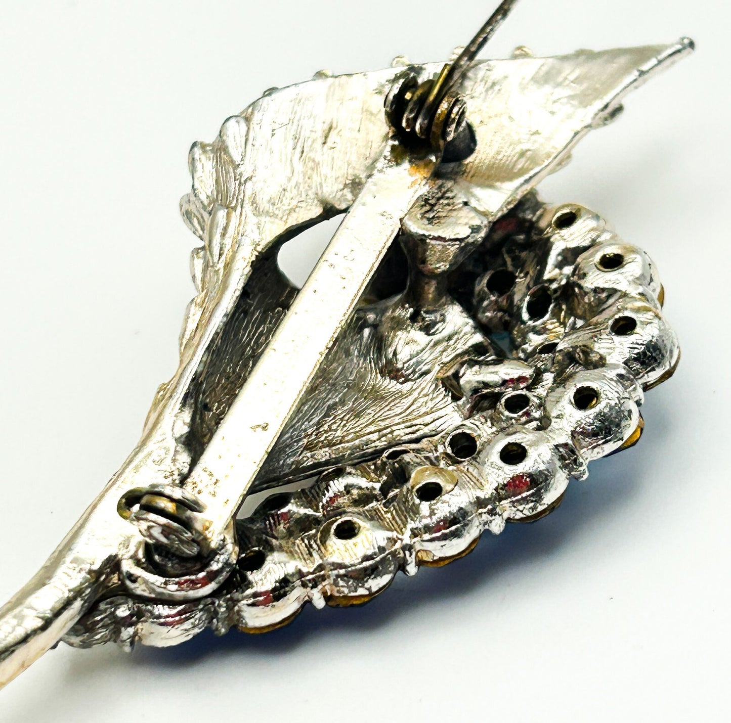 Vintage Style Blue Rhinestone Floral Spray Brooch Silver Tone Flower Statement