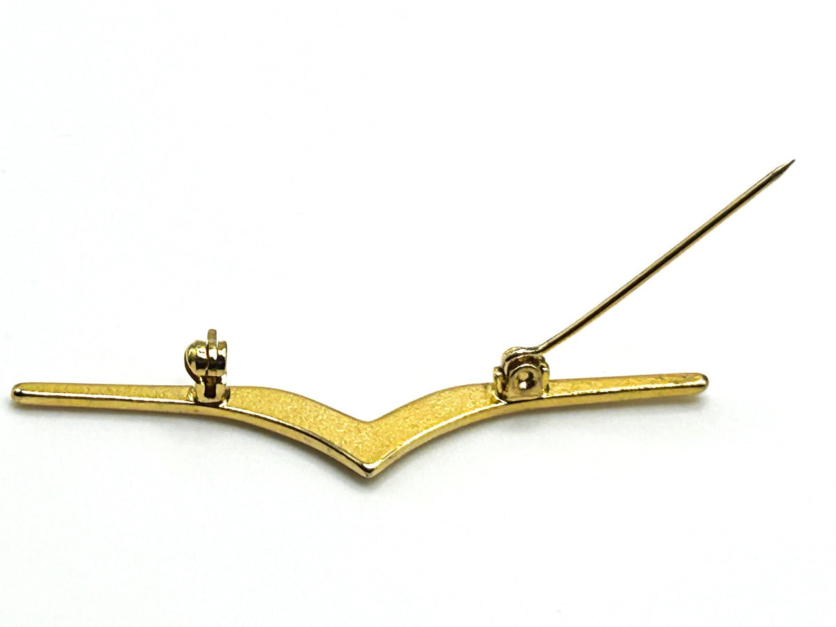 Vintage Gold V Shape Bar Brooch with Pink Topaz and Glass