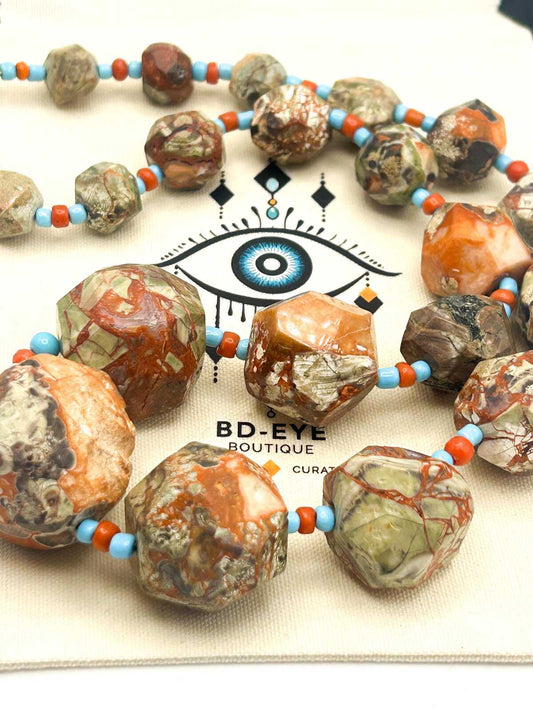 Graduated Raw & Faceted Jasper Statement Necklace with Blue and Red Glass Spacer