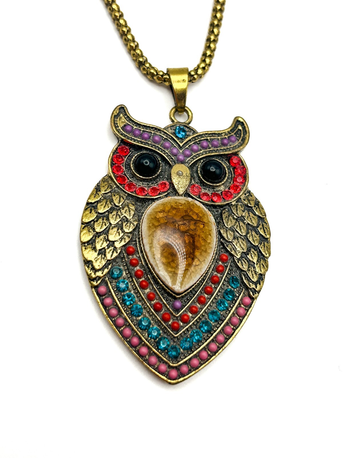Large Whimsical Brass Boho Playful Owl Pendant Necklace on Gold Tone Chain