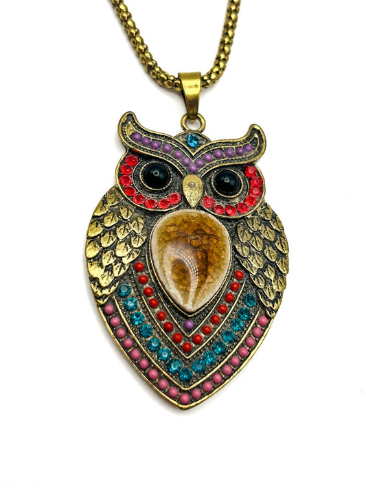 Large Whimsical Brass Boho Playful Owl Pendant Necklace on Gold Tone Chain