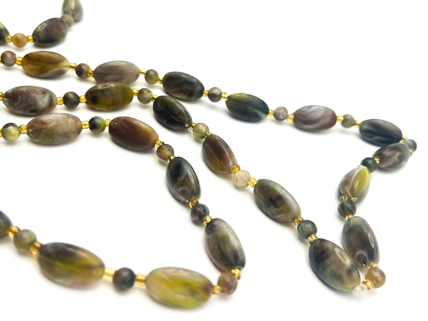 Vintage Marbled Acrylic Bead Long Necklace – Green, Mauve & Grey Tones