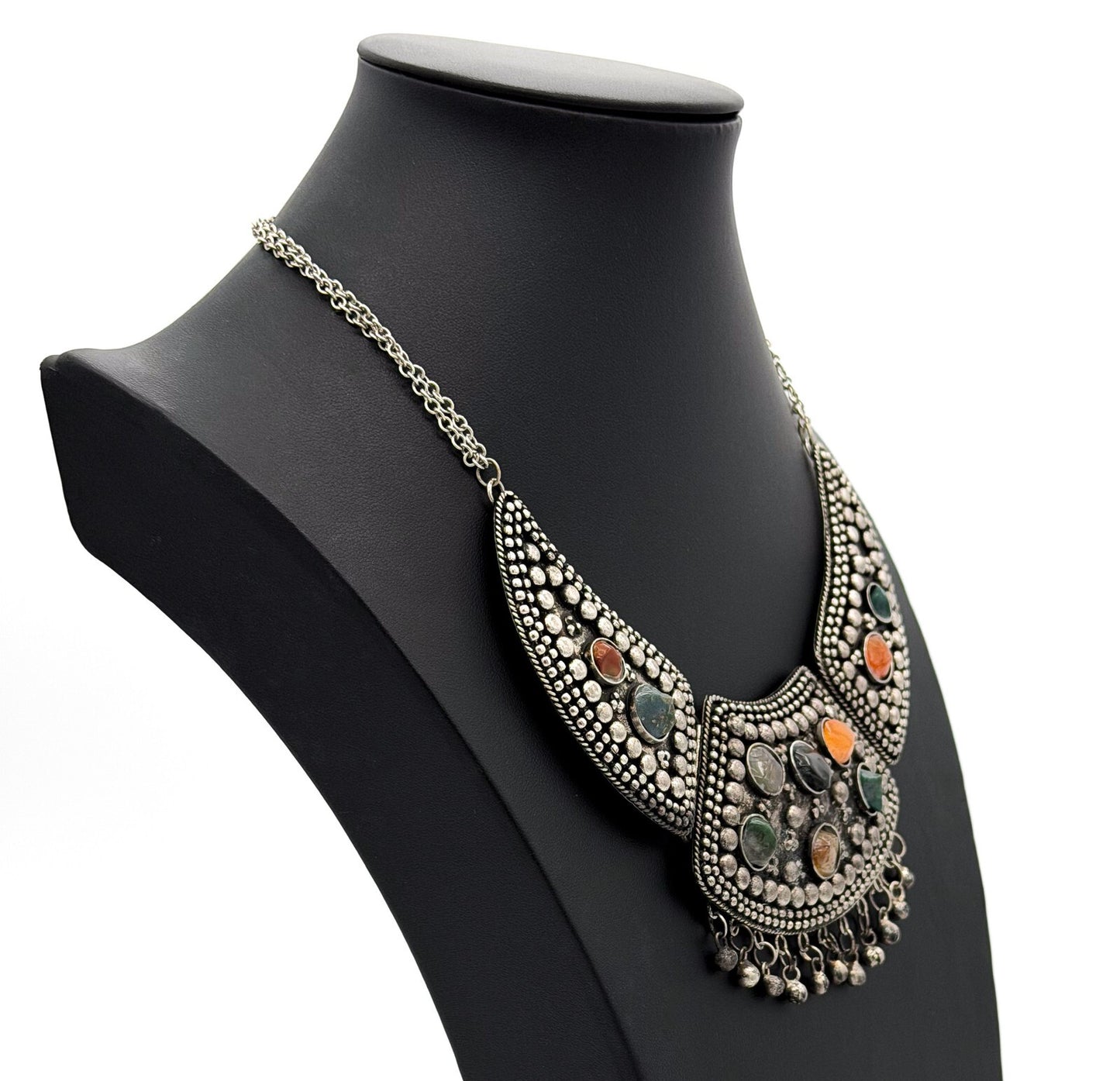Vintage Statement Bib Necklace Set Silver Tone Ethnic Turkish Style Earrings