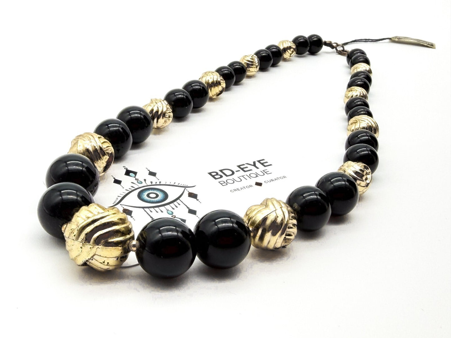 Vintage Black Gold Beaded Necklace Lucite Statement Chunky Beads 19”