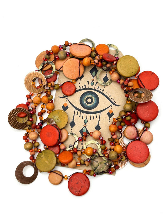 Boho Multi Strand Coconut Shell Necklace Rust Coral Disc Beads Long Statement