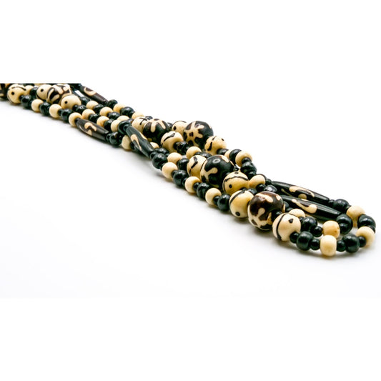 Carved Black, Brown & Cream Bead Necklace – Long Boho Tribal-Style Strand